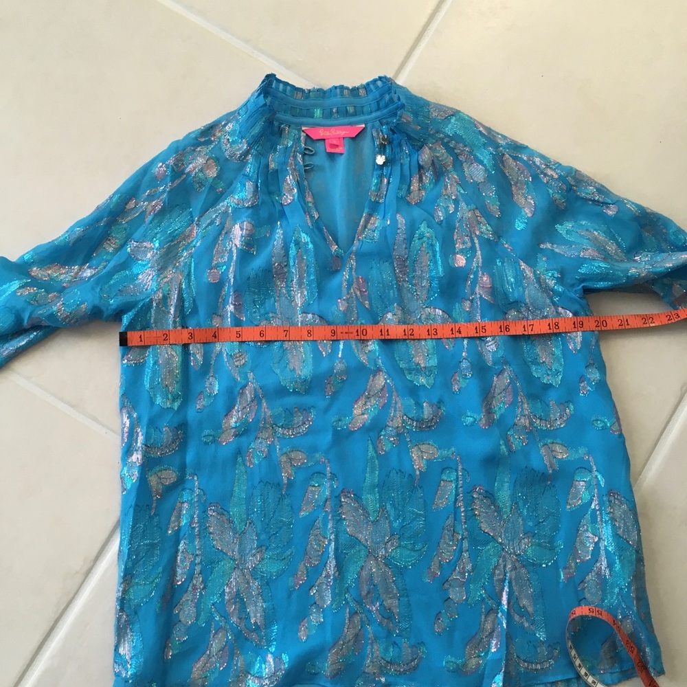 NWOT Lilly Pulitzer Galiana metallic turquoise blue silk blouse S - Picture 13 of 15